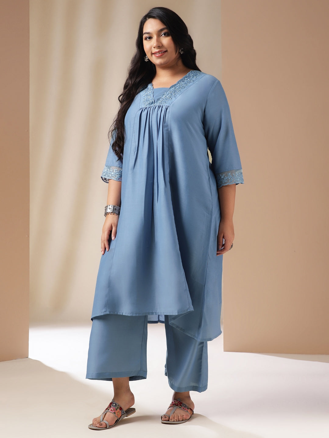 Plus Size Blue Muslin Yoke Embroidery Panelled Kurta Set  - By Janasya