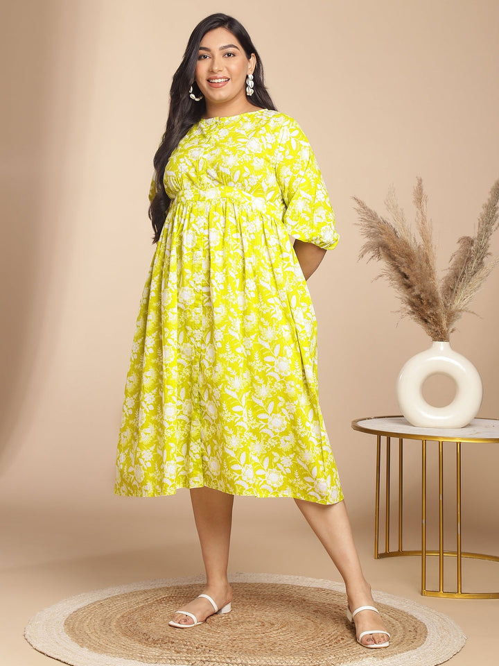 Plus Size Lime Cotton Floral Gathered Dress  - By Janasya