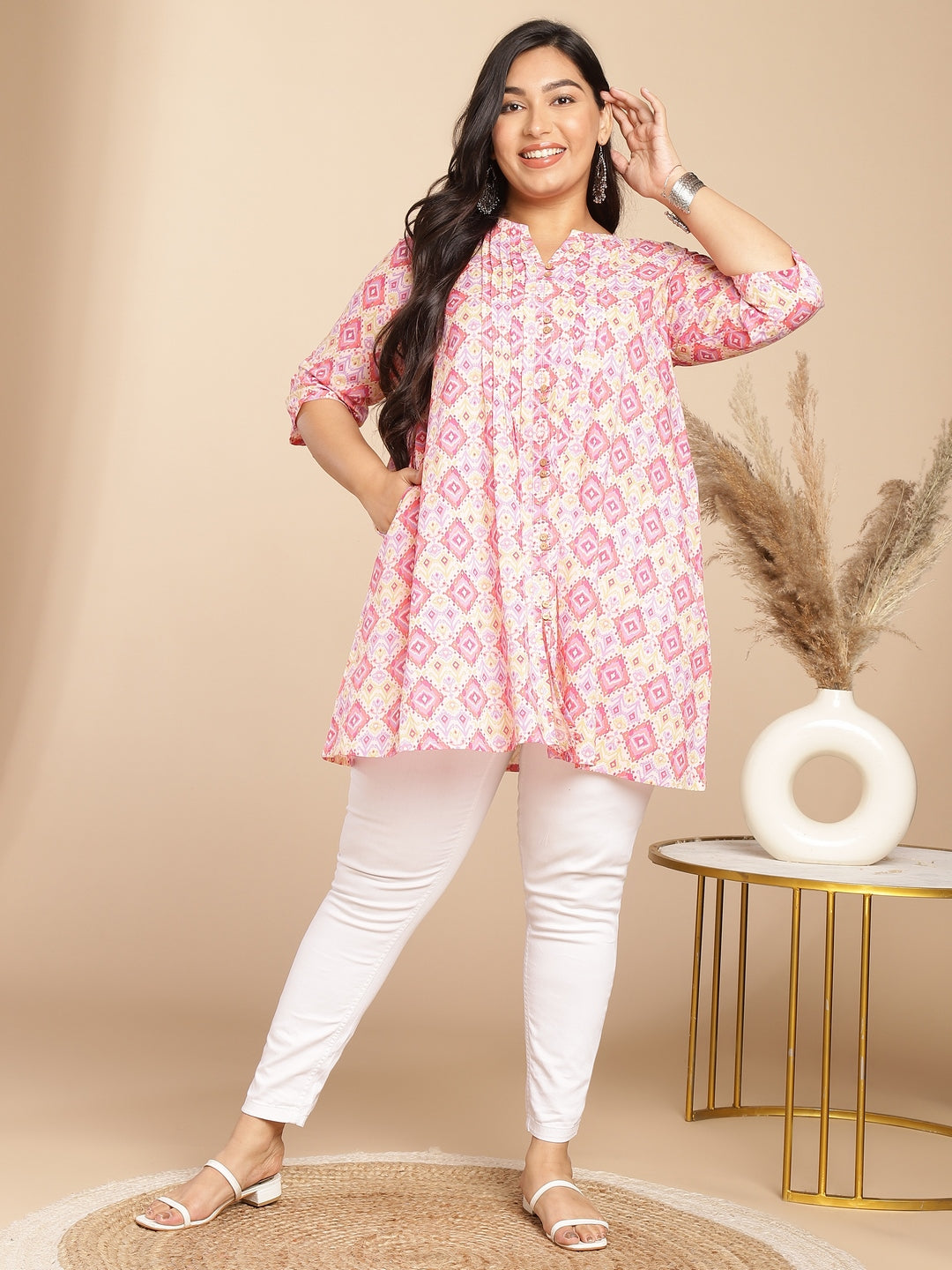 Plus Size Pink Cotton Ikkat Pleated Tunic  - By Janasya