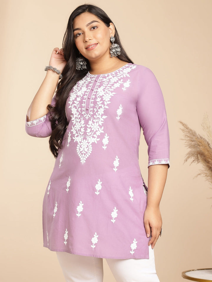 Plus Size Lavender Cotton Chikankari Regular Tunic  - By Janasya