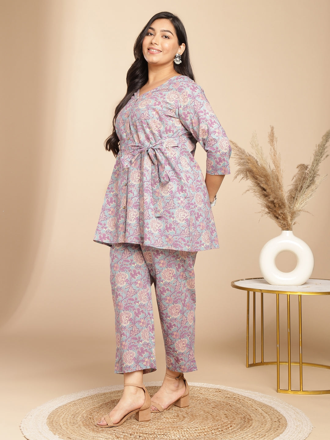 Plus Size Light Blue Cotton Floral A-Line Co-ord Set  - By Janasya