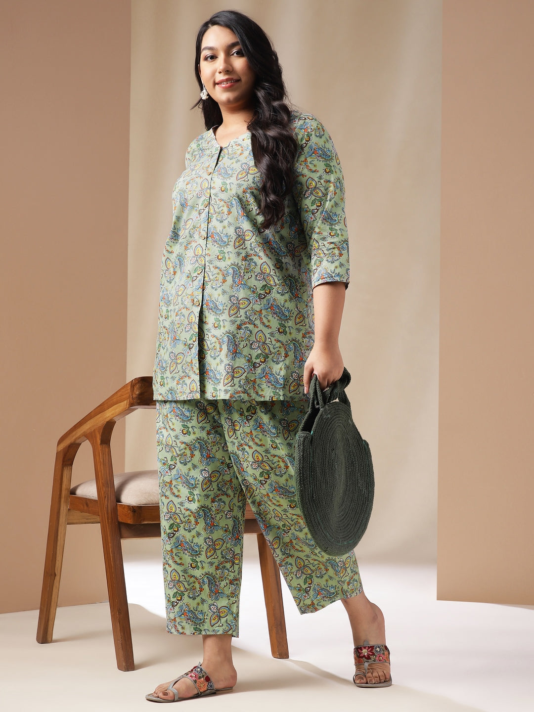 Plus Size Sage Cotton Floral Shirt Style Co-ord Set  - By Janasya