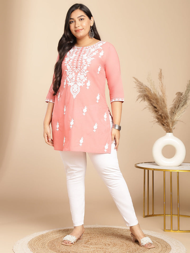 Plus Size Peach Cotton Chikankari Regular Tunic  - By Janasya