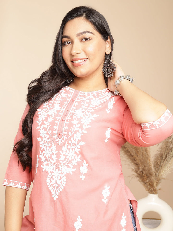 Plus Size Peach Cotton Chikankari Regular Tunic  - By Janasya