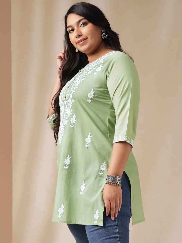 Plus Size Sage Cotton Chikankari Regular Tunic  - By Janasya