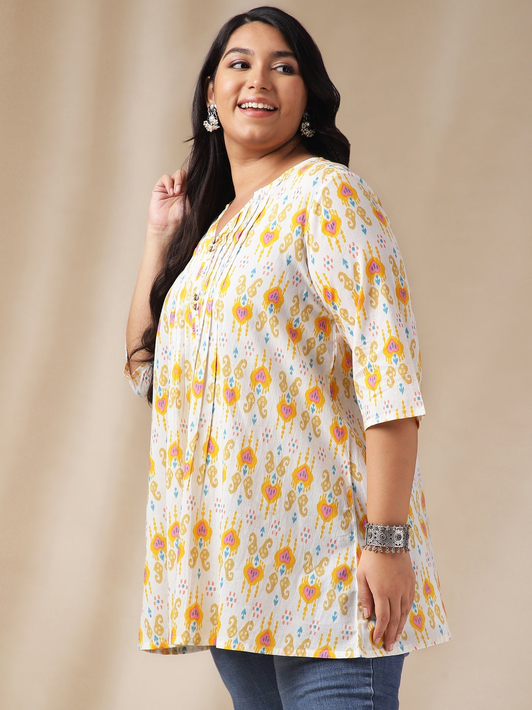 Plus Size Off White Cotton Ikkat Pleated Tunic  - By Janasya