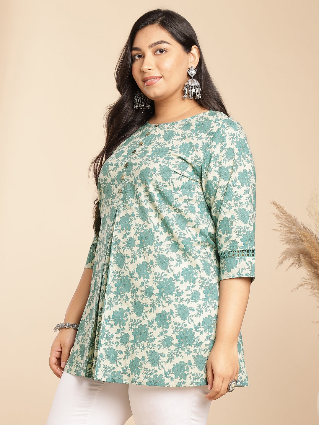 Plus Size Sage Cotton Floral A-Line Tunic  - By Janasya