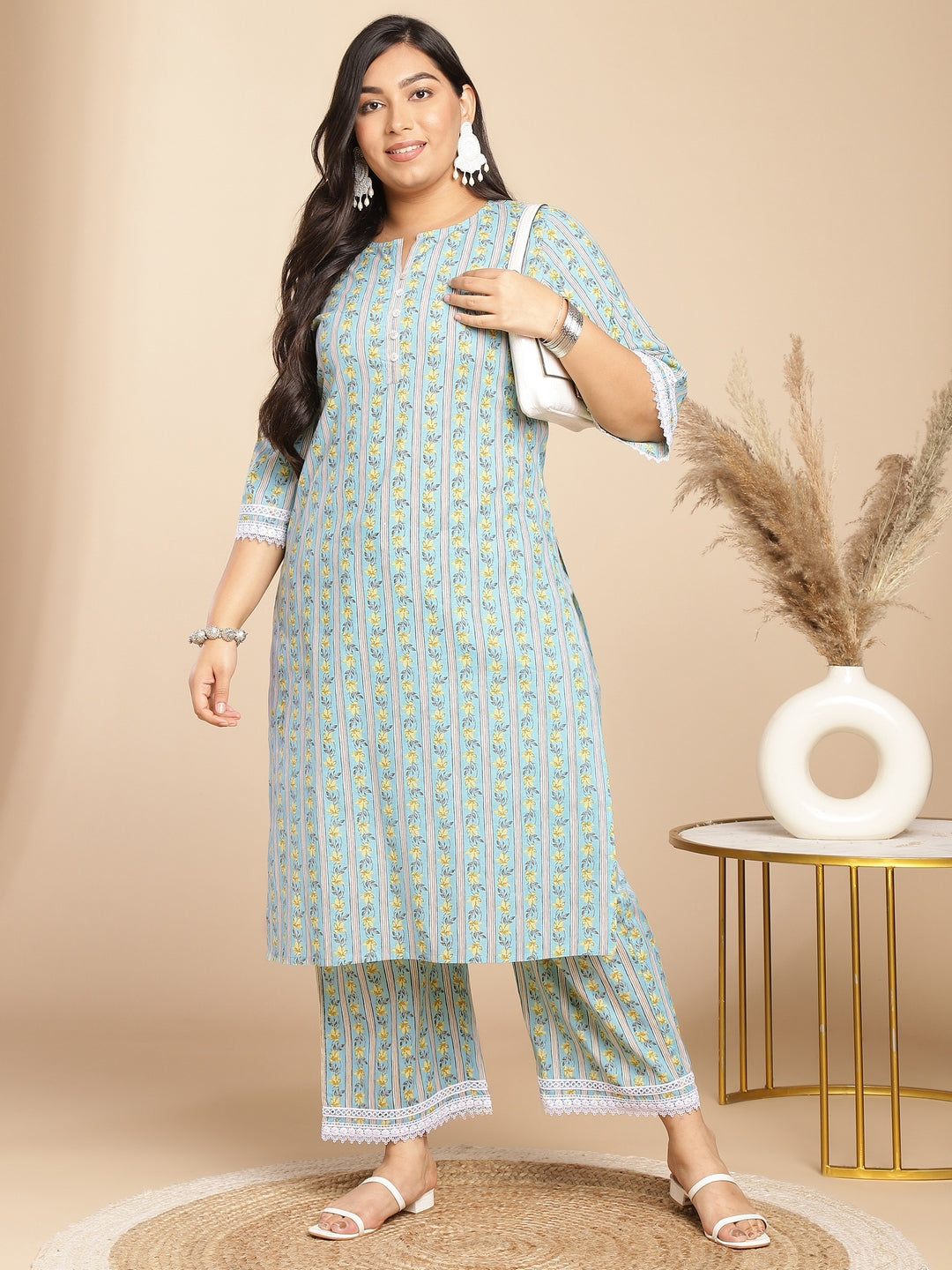 Plus Size Light Blue Cotton Floral Regular Kurta Set  - By Janasya