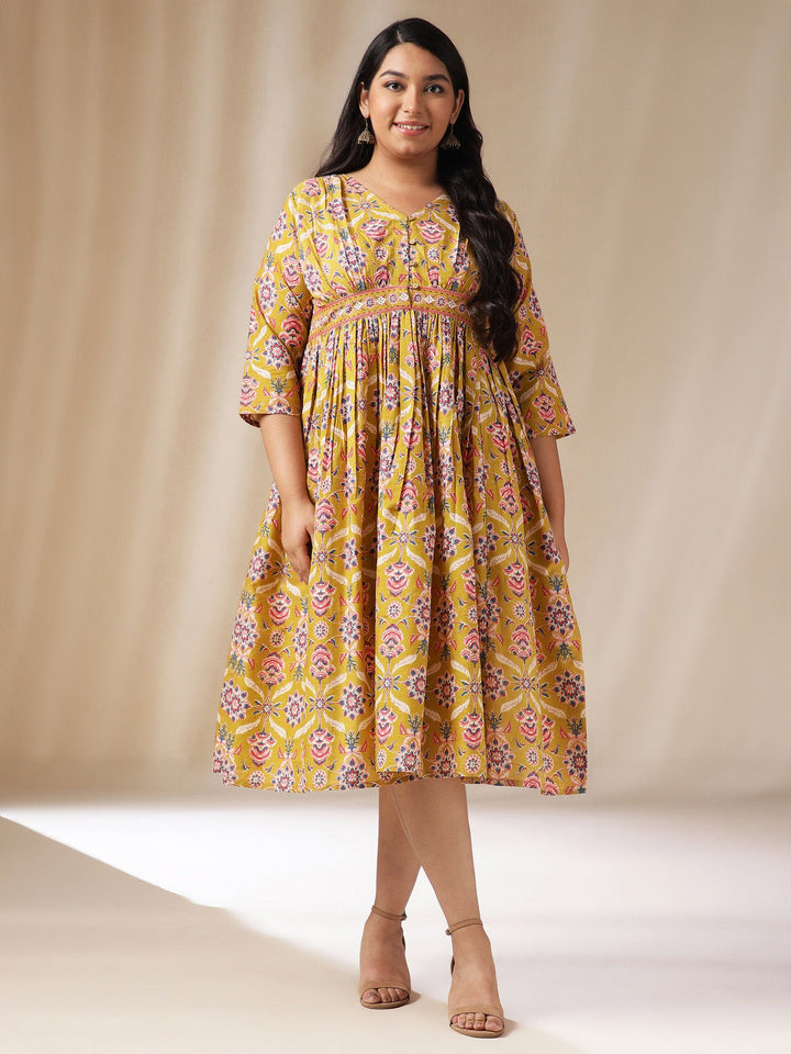 Plus Size Mustard Cotton Ethnic Motif A-Line Dress  - By Janasya