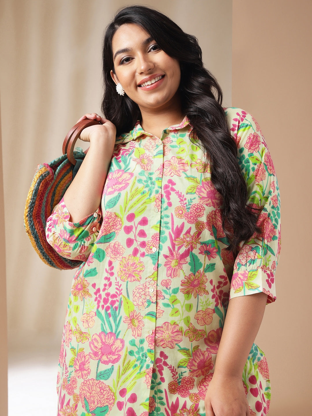 Plus Size Multicolor Cotton Floral Regular Co-Ord Set  - By Janasya