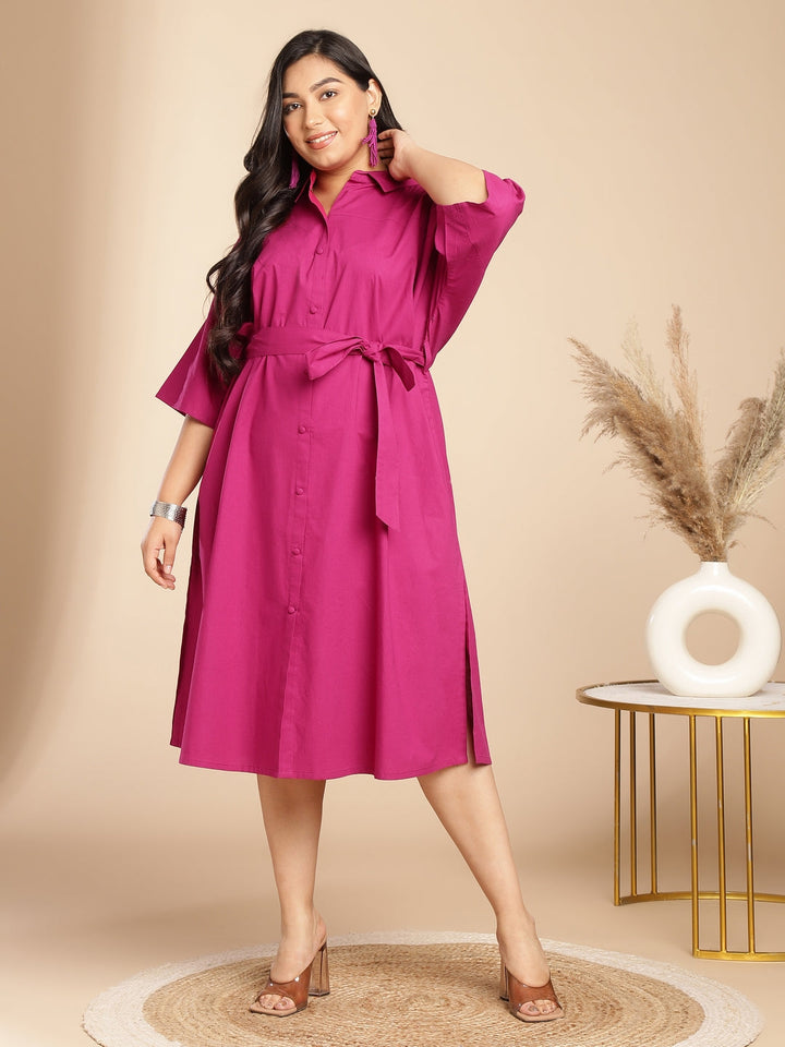 Plus Size Pink Poplin Solid Shirt Style Dress  - By Janasya