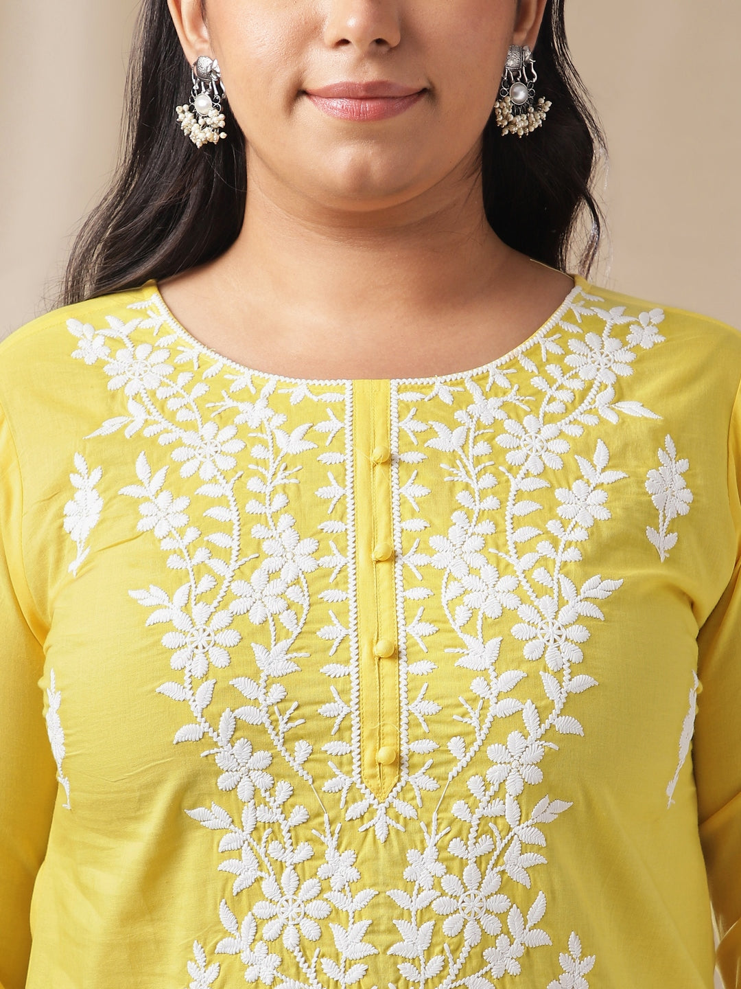 Plus Size Yellow Cotton Chikankari Regular Tunic  - By Janasya