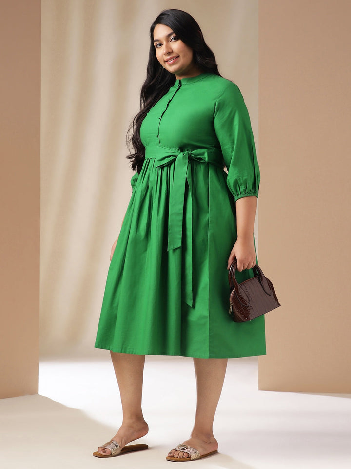 Plus Size Green Poplin Solid Fit & Flare Dress  - By Janasya