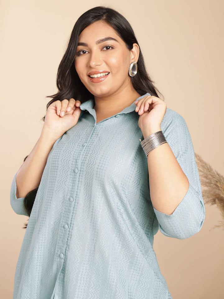 Plus Size Light Blue Cotton Jecquard Self Design Shirt Style Co-ord Set  - By Janasya