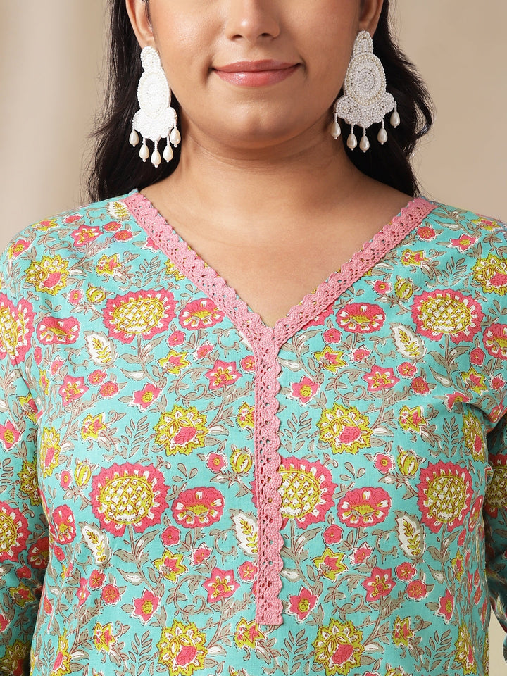 Plus Size Light Blue Cotton Floral High-Low Kurta Set  - By Janasya