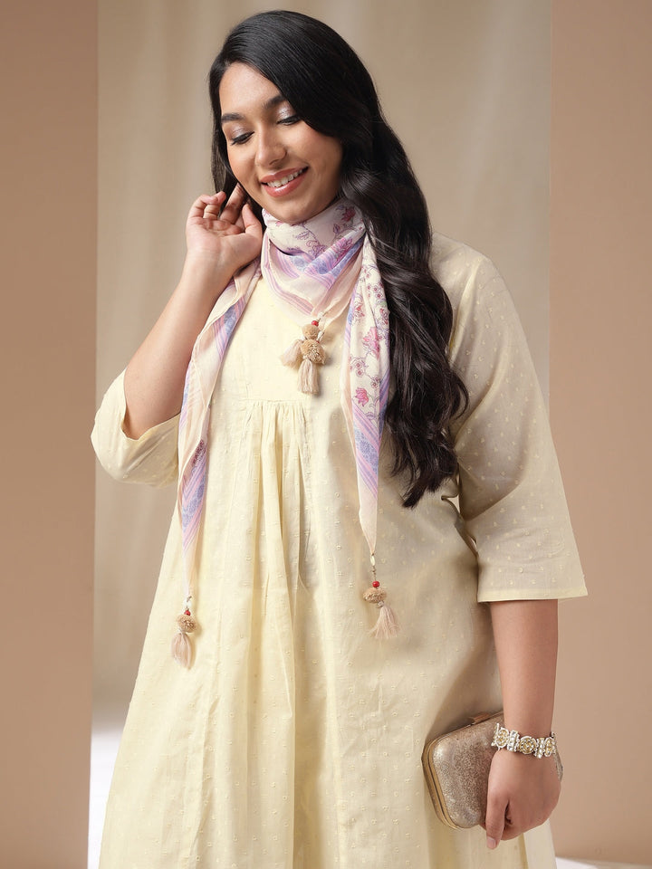 Plus Size Cream Dobby Cotton Self Design Panelled Scarf Set  - By Janasya