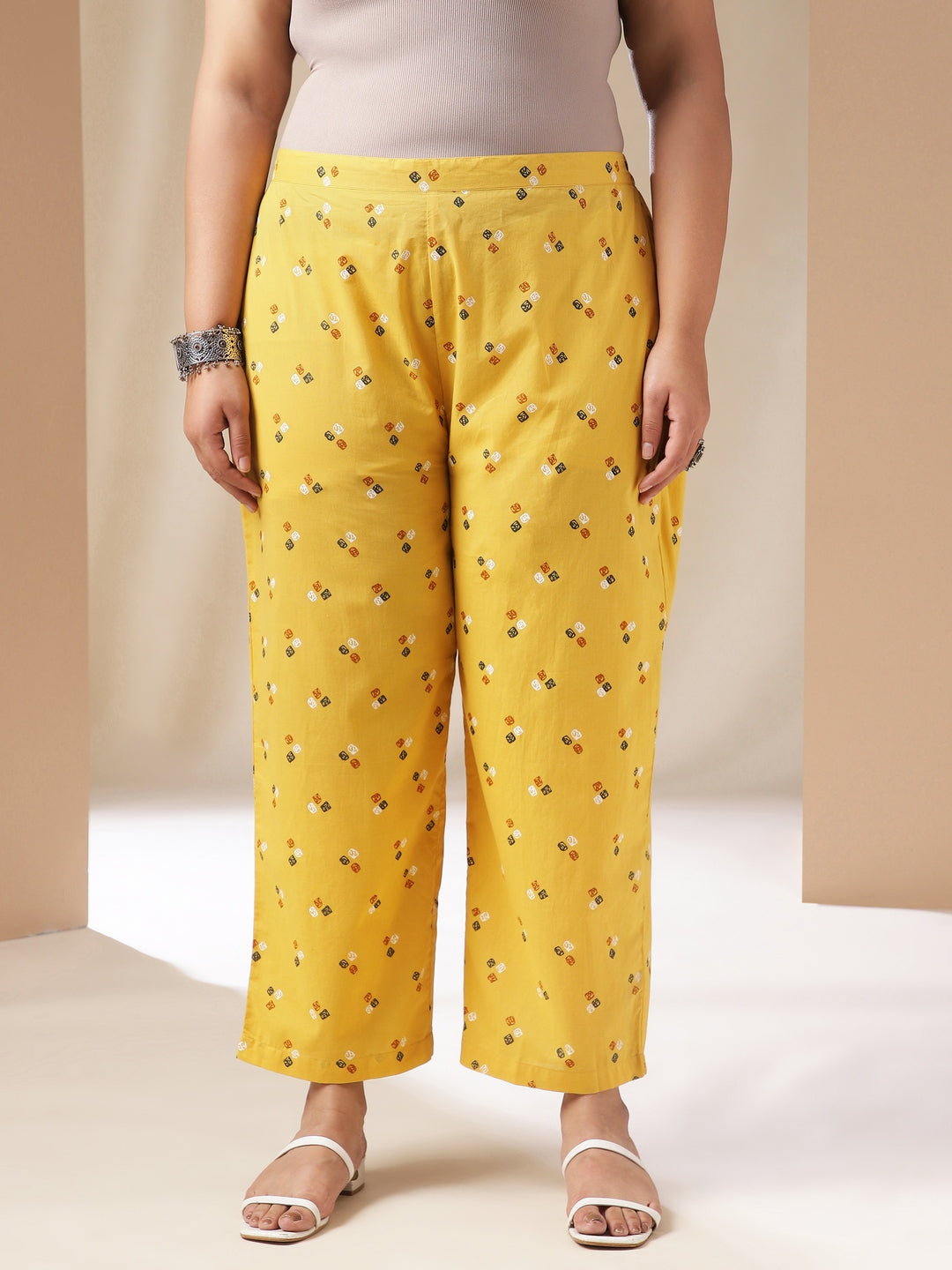 Plus Size Mustard Cotton Bandhani A-Line Co-ord Set  - By Janasya