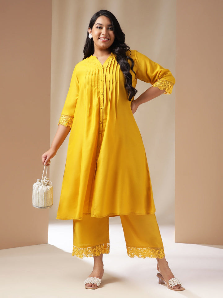 Plus Size Yellow Muslin Solid Pleated Kurta Set  - By Janasya