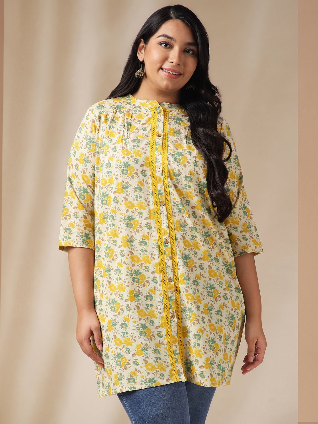 Plus Size Cream Cotton Floral A-Line Tunic  - By Janasya