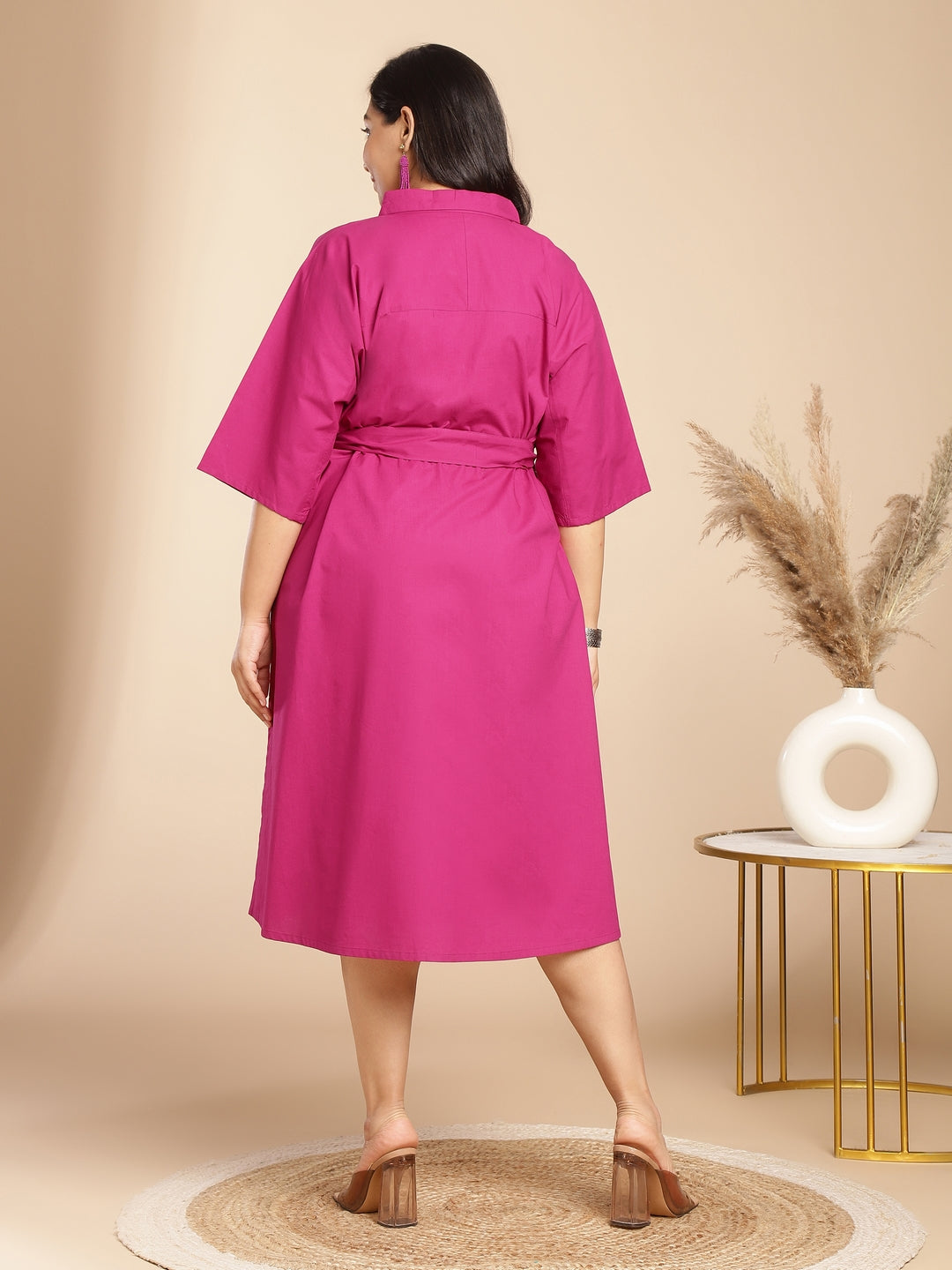 Plus Size Pink Poplin Solid Shirt Style Dress  - By Janasya