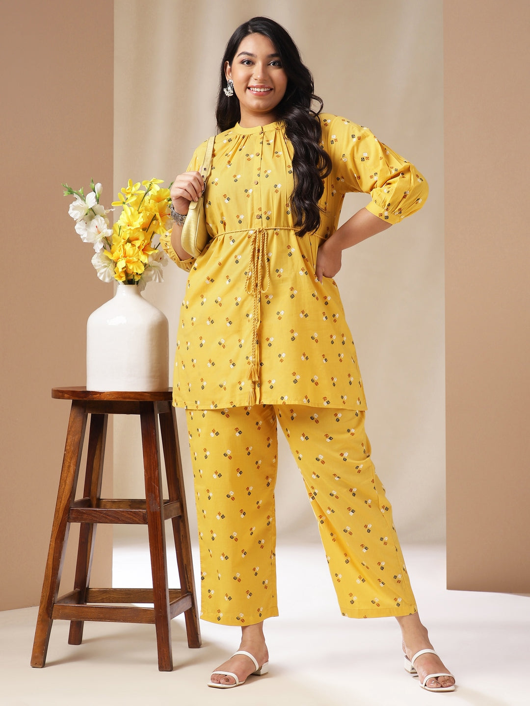 Plus Size Mustard Cotton Bandhani A-Line Co-ord Set  - By Janasya