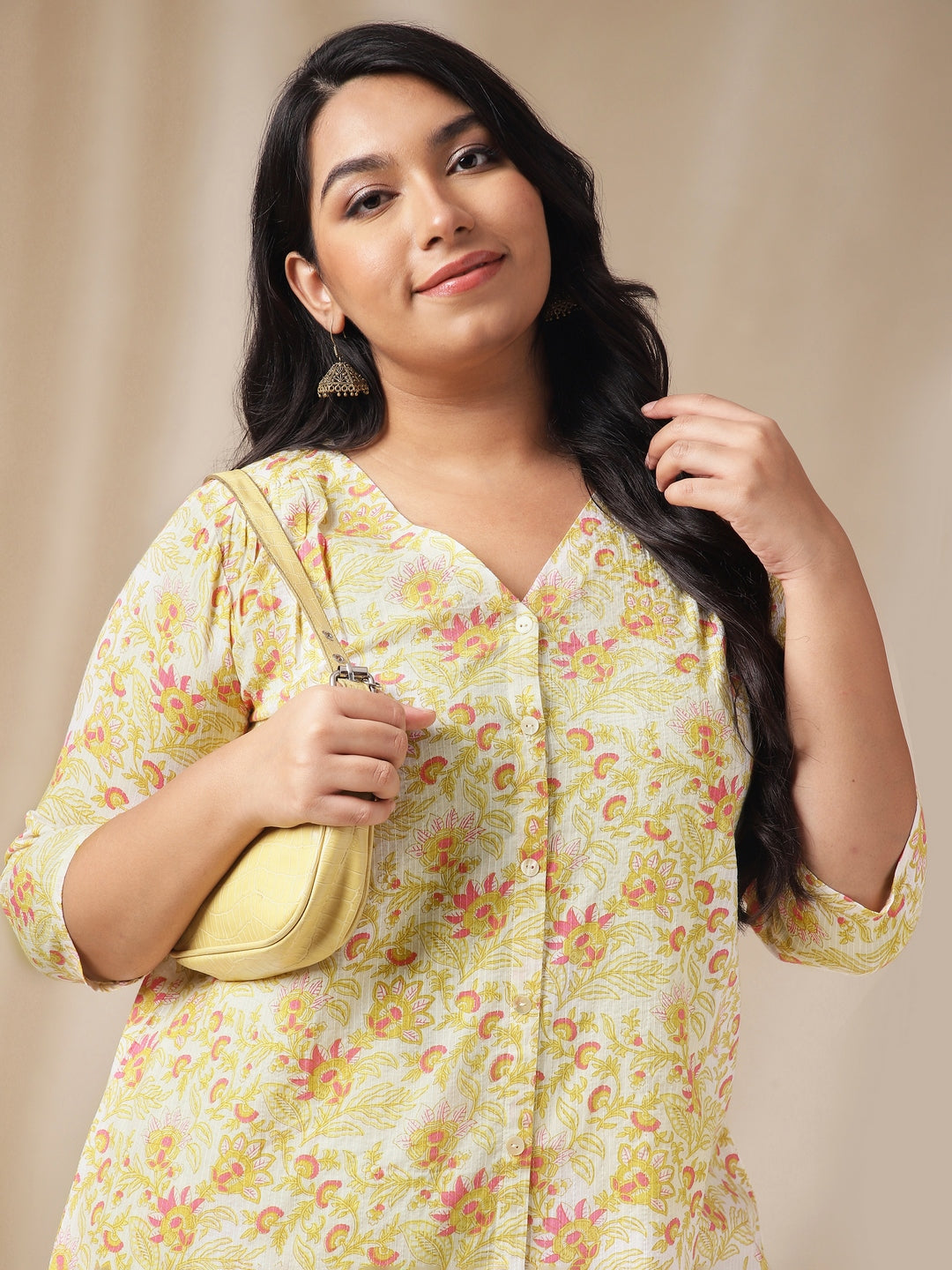 Plus Size Off White Cotton Floral A-Line Co-ord Set  - By Janasya