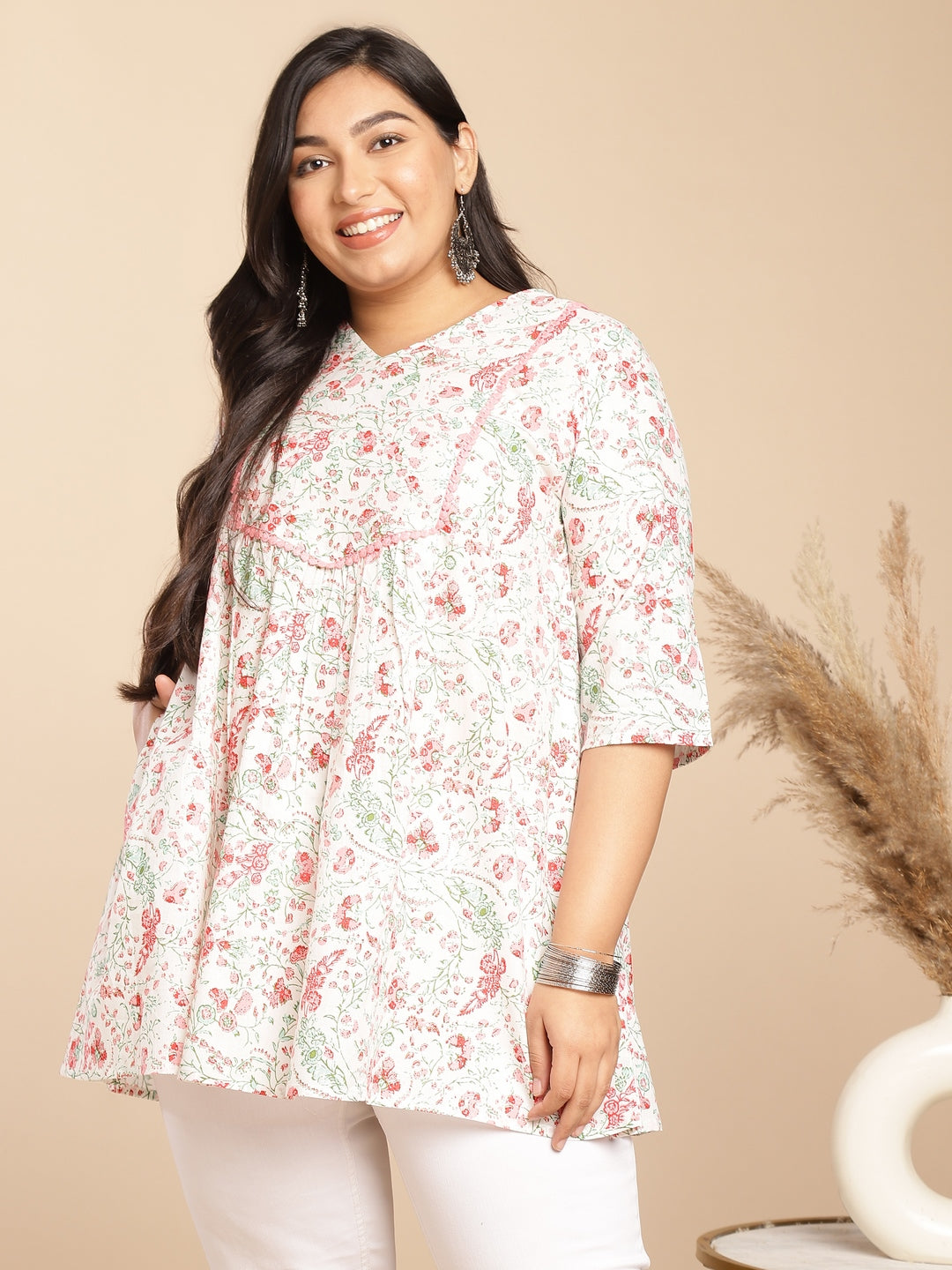 Plus Size White Cotton Floral A-Line Tunic  - By Janasya