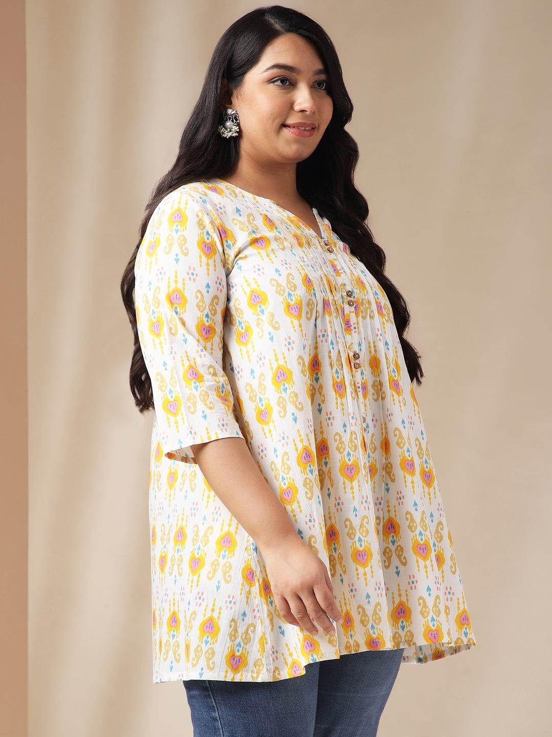 Plus Size Off White Cotton Ikkat Pleated Tunic  - By Janasya