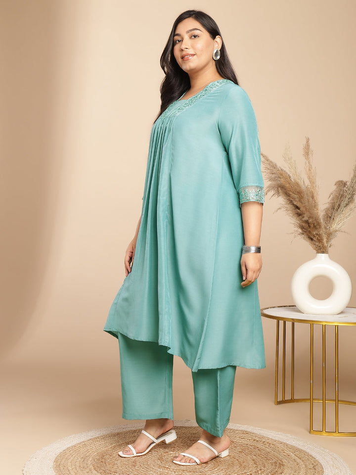 Plus Size Sage Muslin Yoke Embroidery A-Line Kurta Set  - By Janasya