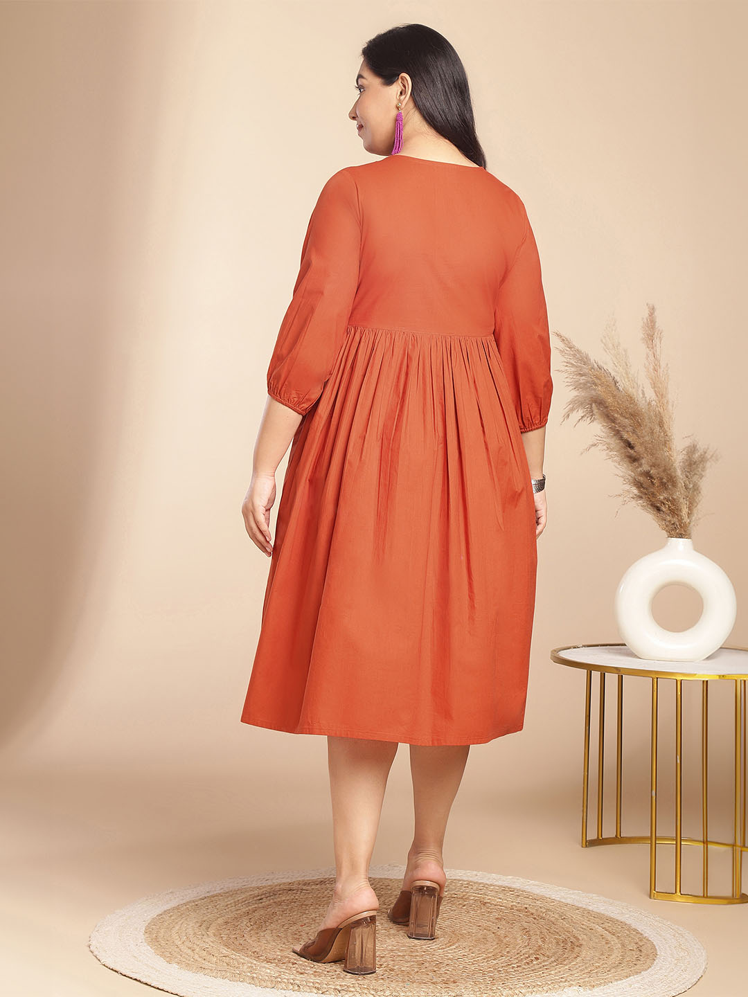 Plus Size Rust Poplin Solid Wrap Dress  - By Janasya