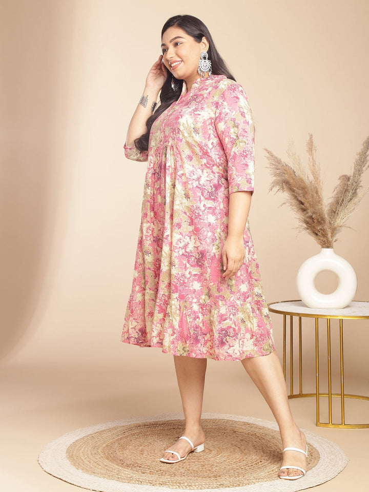 Plus Size Pink Cotton Abstract Gathered Dress  - By Janasya