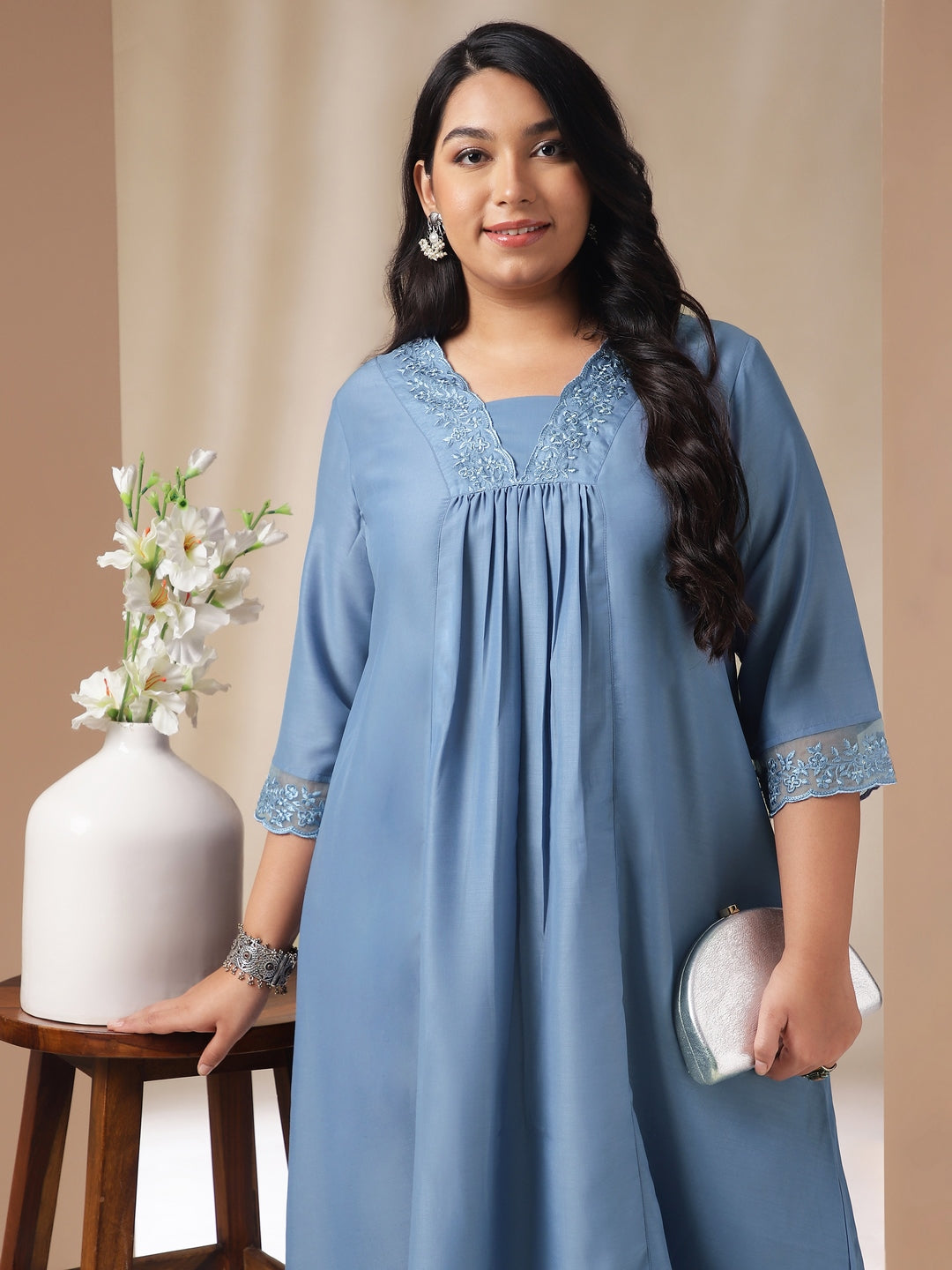 Plus Size Blue Muslin Yoke Embroidery Panelled Kurta Set  - By Janasya