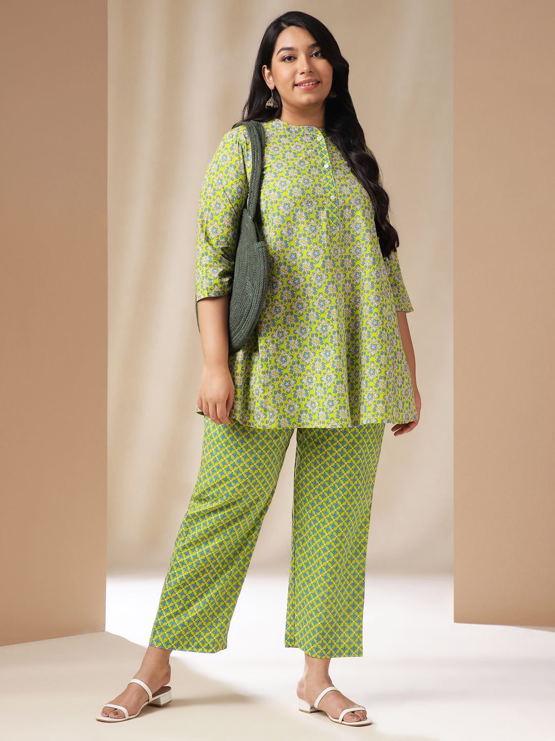 Plus Size Lime Green Cotton Ethnic Motifs A-Line Co-Ord Set  - By Janasya