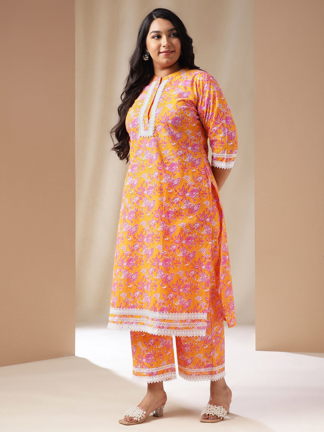 Plus Size Orange Cotton Floral Straight Kurta Set  - By Janasya