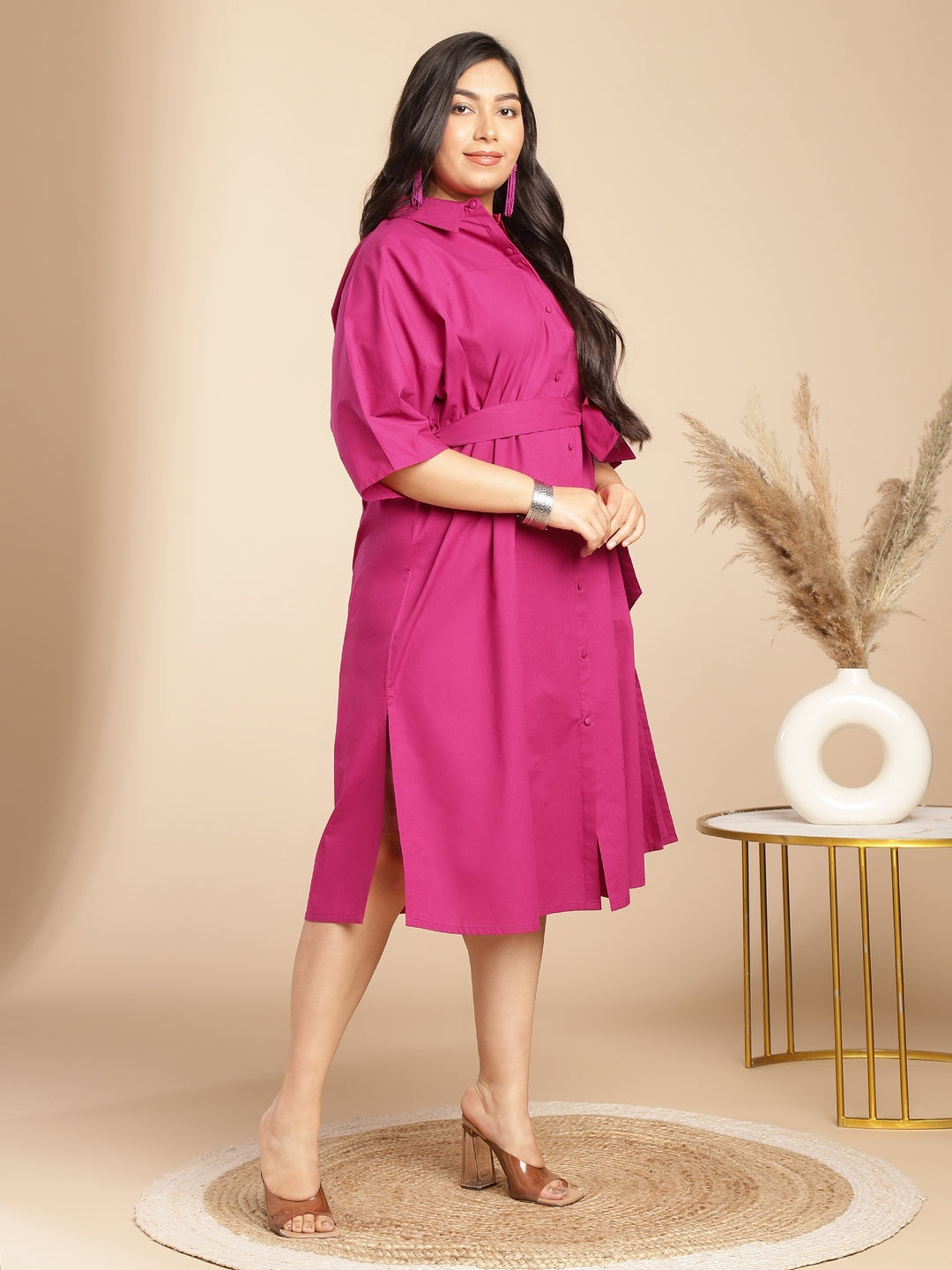 Plus Size Pink Poplin Solid Shirt Style Dress  - By Janasya