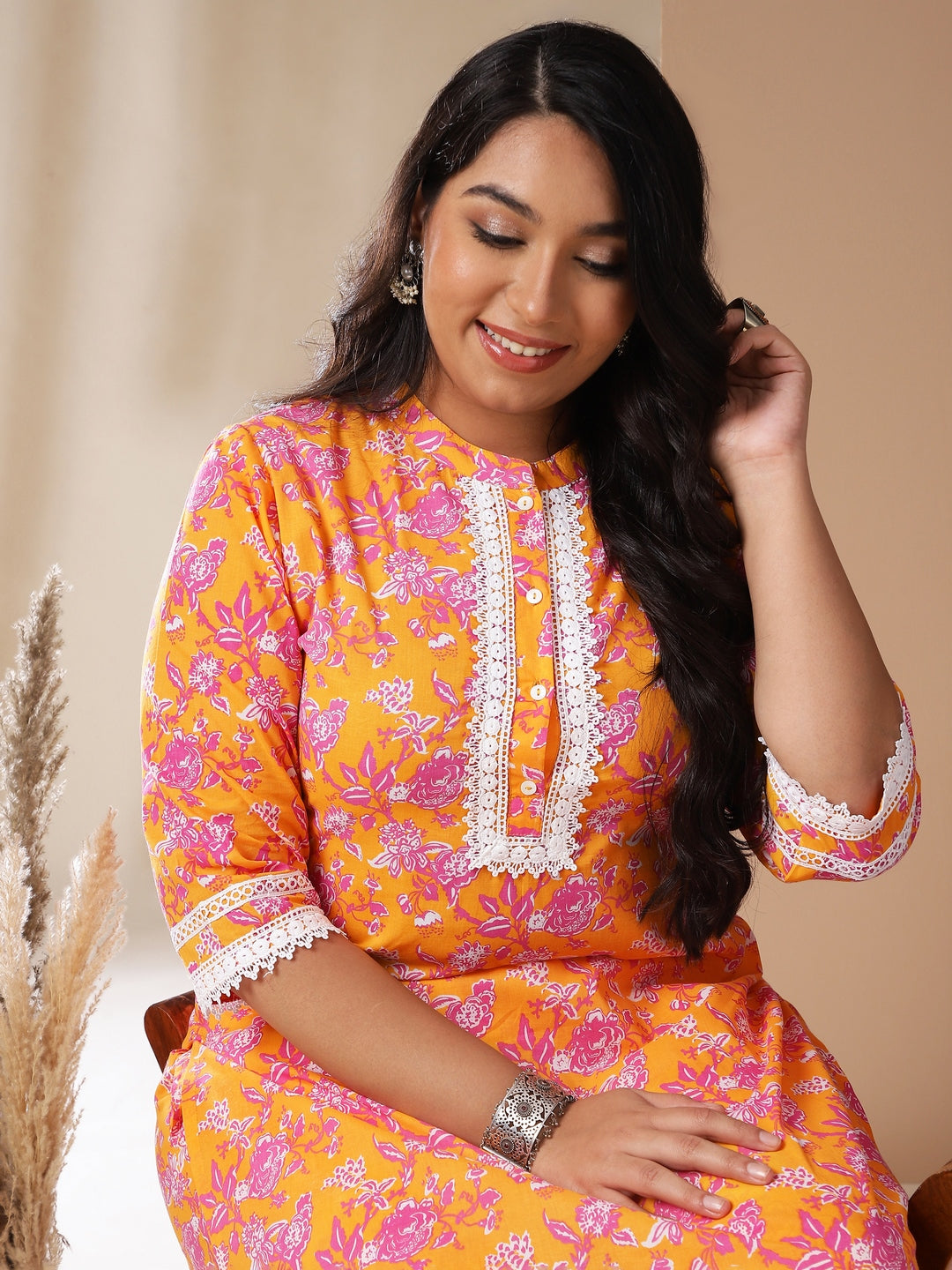 Plus Size Orange Cotton Floral Straight Kurta Set  - By Janasya