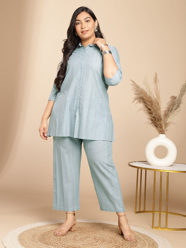 Plus Size Light Blue Cotton Jecquard Self Design Shirt Style Co-ord Set  - By Janasya