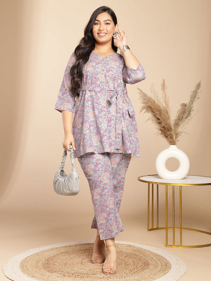 Plus Size Light Blue Cotton Floral A-Line Co-ord Set  - By Janasya