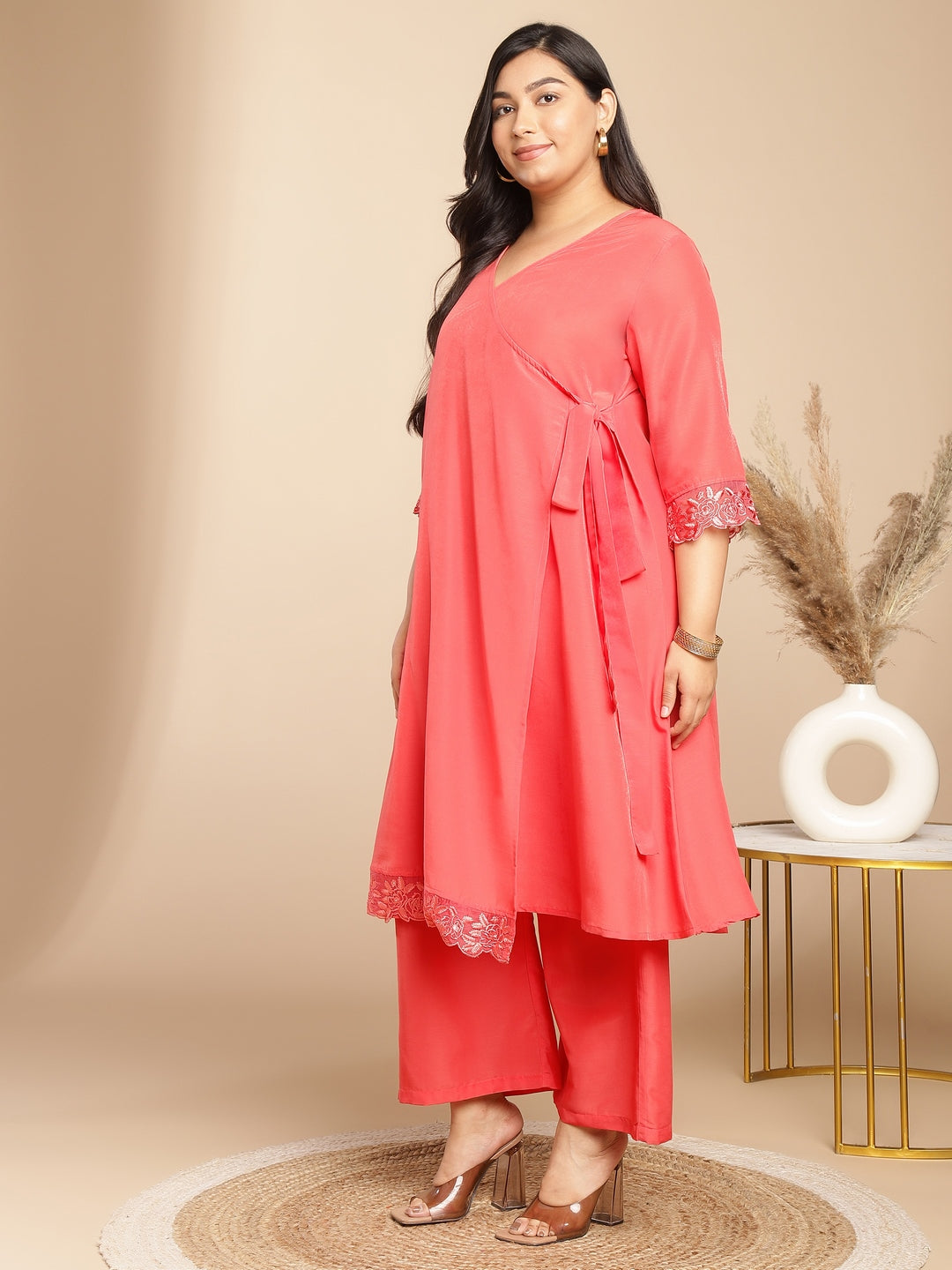 Plus Size Peach Muslin Solid Angrakha Kurta Set  - By Janasya