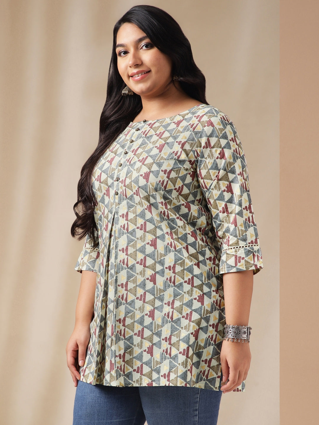 Plus Size Off White Cotton Geometric Regular Tunic  - By Janasya