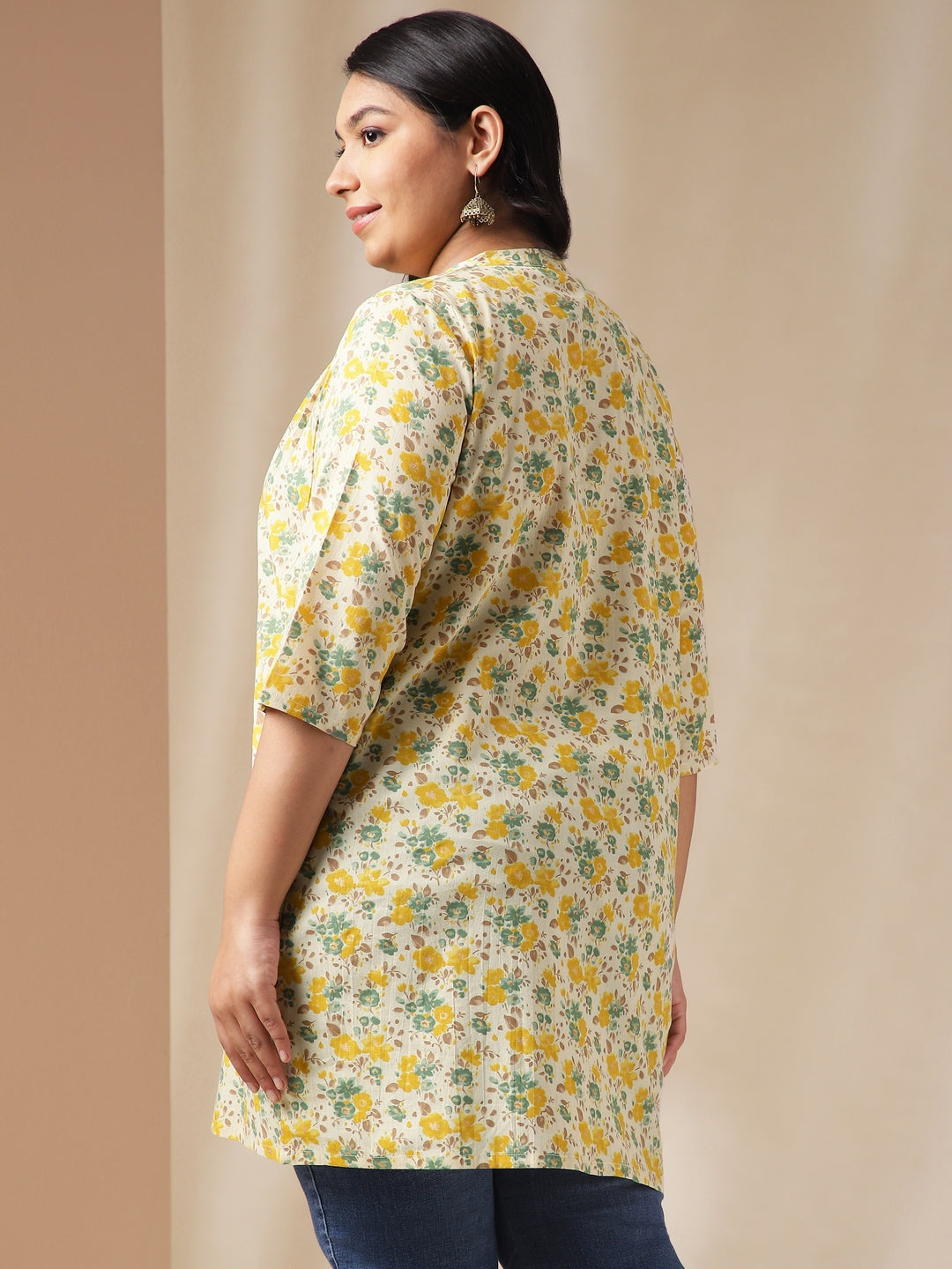 Plus Size Cream Cotton Floral A-Line Tunic  - By Janasya