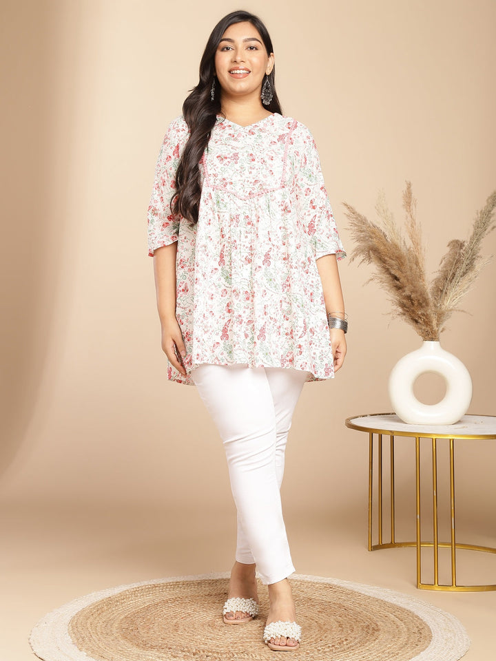 Plus Size White Cotton Floral A-Line Tunic  - By Janasya