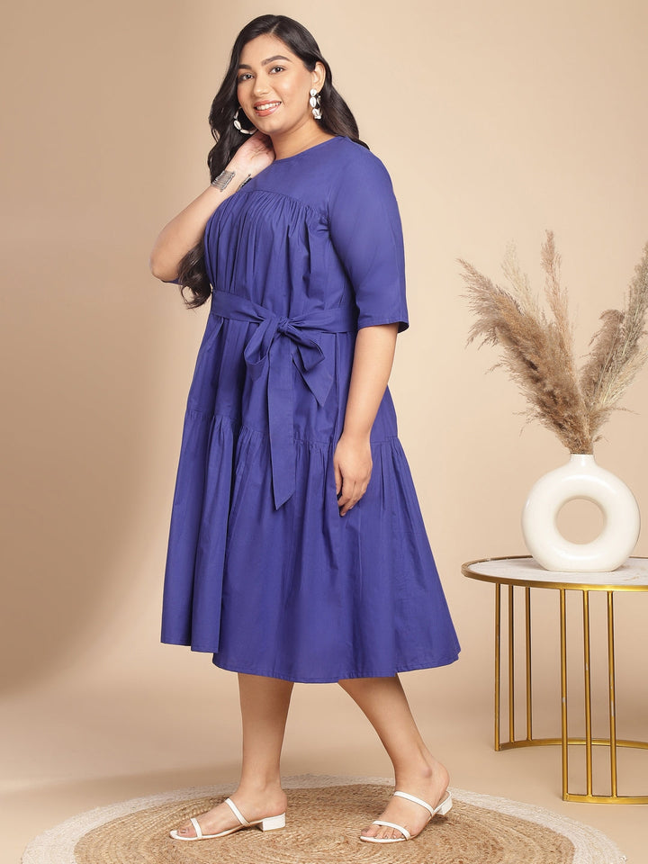 Plus Size Blue Poplin Solid Flared Dress  - By Janasya