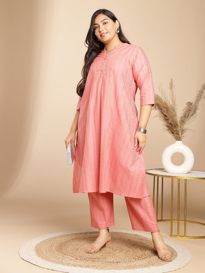 Plus Size Pink Cotton Jacquard Self Desgin A-Line Co-Ord Set  - By Janasya