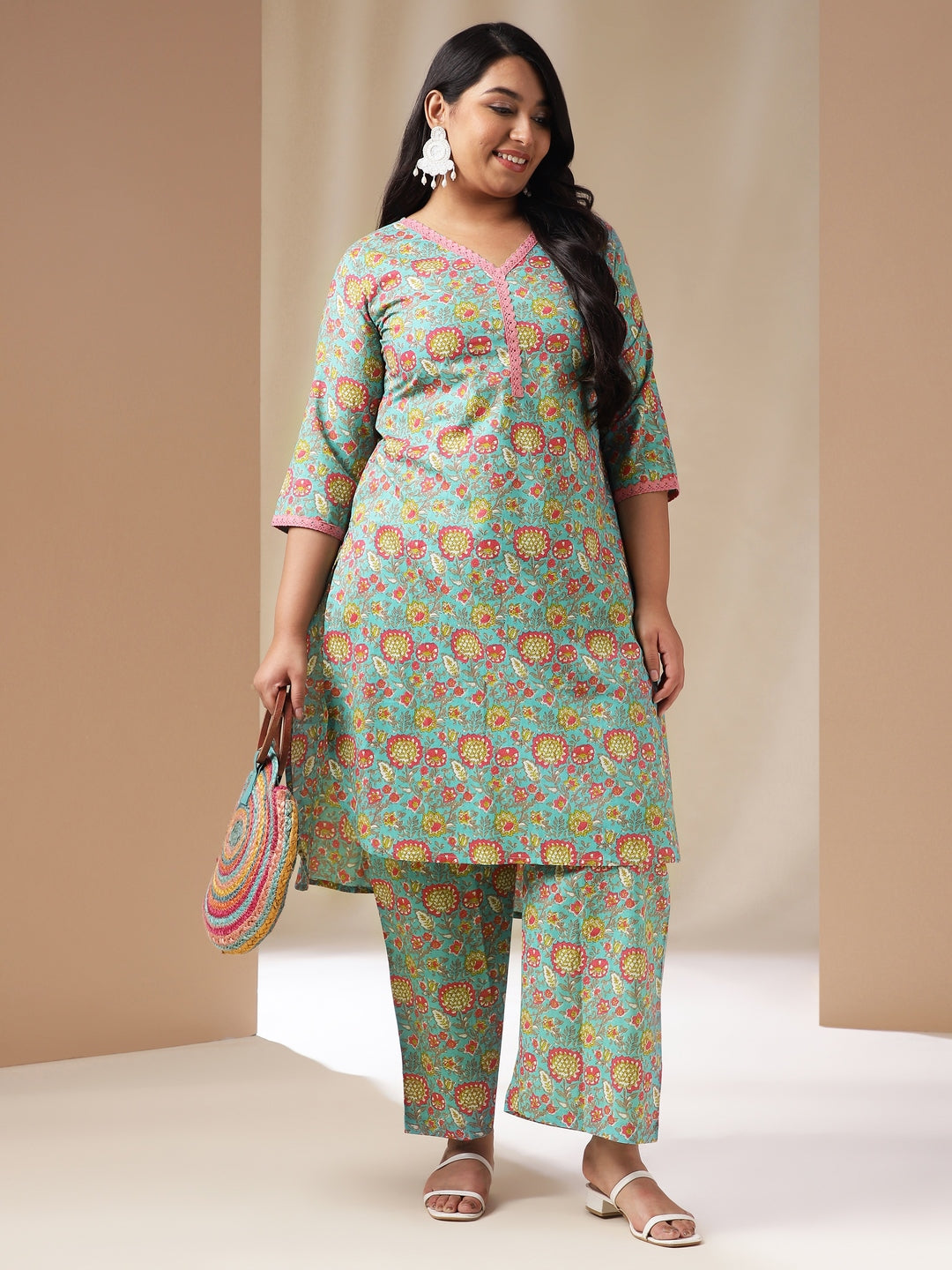 Plus Size Light Blue Cotton Floral High-Low Kurta Set  - By Janasya