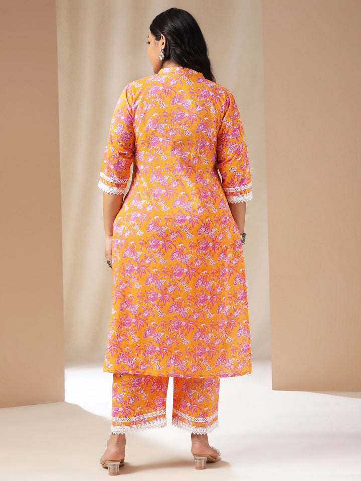 Plus Size Orange Cotton Floral Straight Kurta Set  - By Janasya