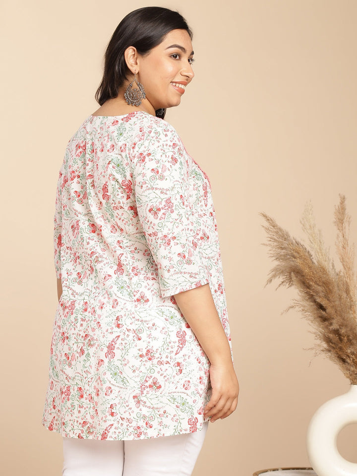 Plus Size White Cotton Floral A-Line Tunic  - By Janasya