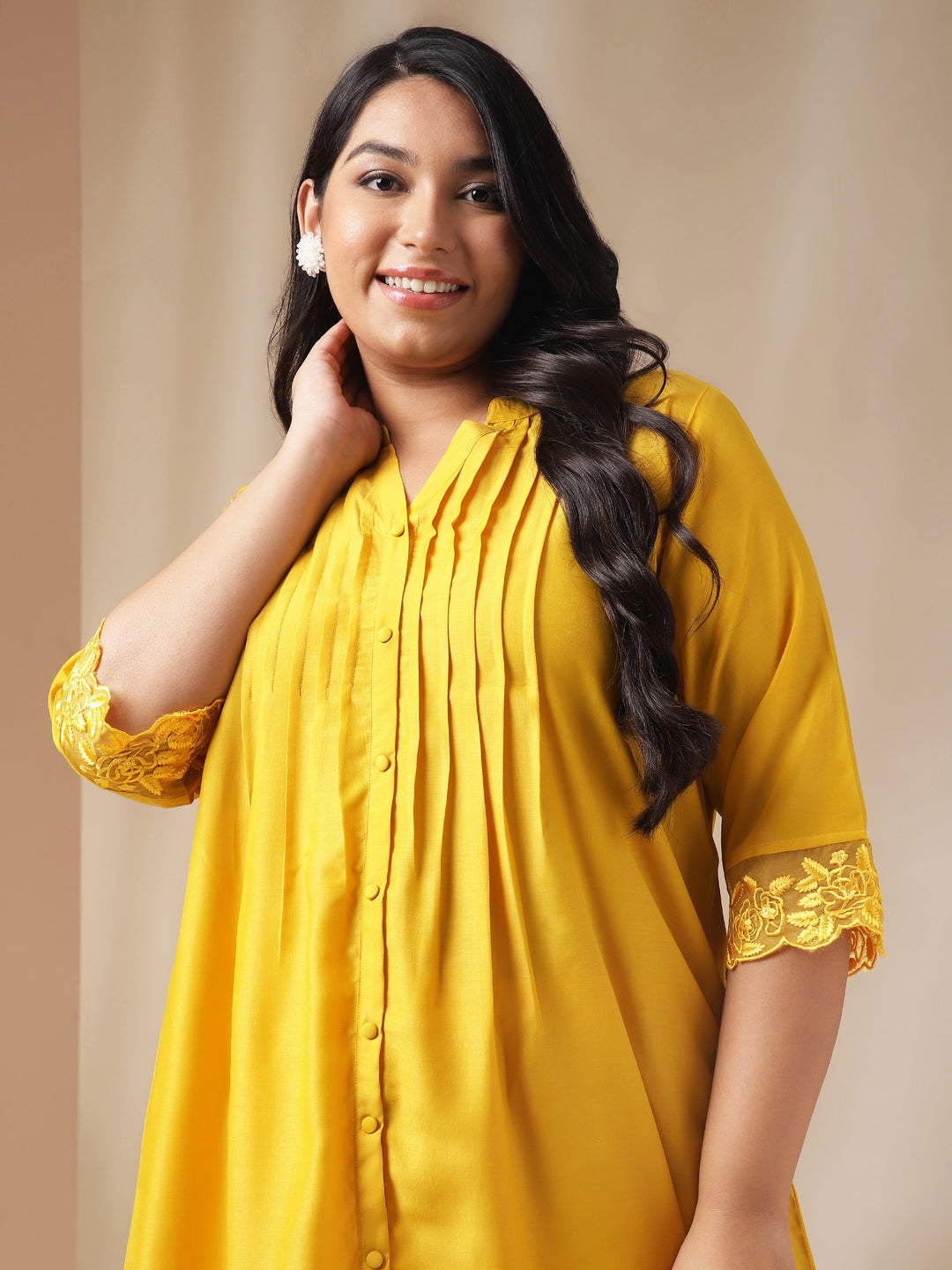 Plus Size Yellow Muslin Solid Pleated Kurta Set  - By Janasya