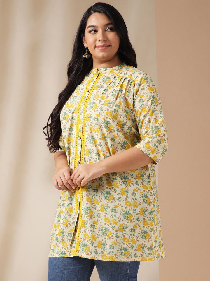 Plus Size Cream Cotton Floral A-Line Tunic  - By Janasya