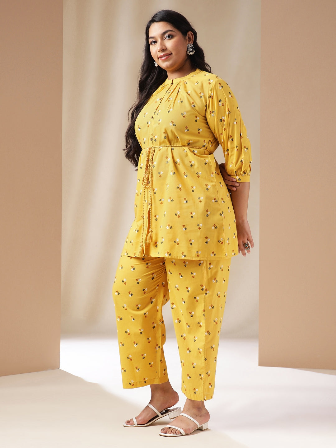 Plus Size Mustard Cotton Bandhani A-Line Co-ord Set  - By Janasya